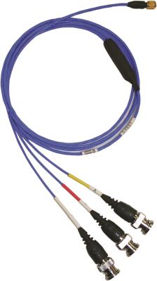 4-conductor, low noise, shielded, fep cable, 10-ft, 4-socket plug to triple-splice assembly with (3) 1-ft coaxial cables each with a bnc plug (labeled x,y,z). shield grounded